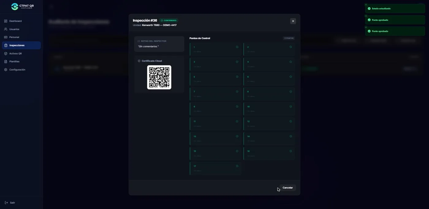Detalle de la inspección número 36 en estado confirmado, con los diecisiete puntos de control aprobados y el certificado con código QR de verificación.