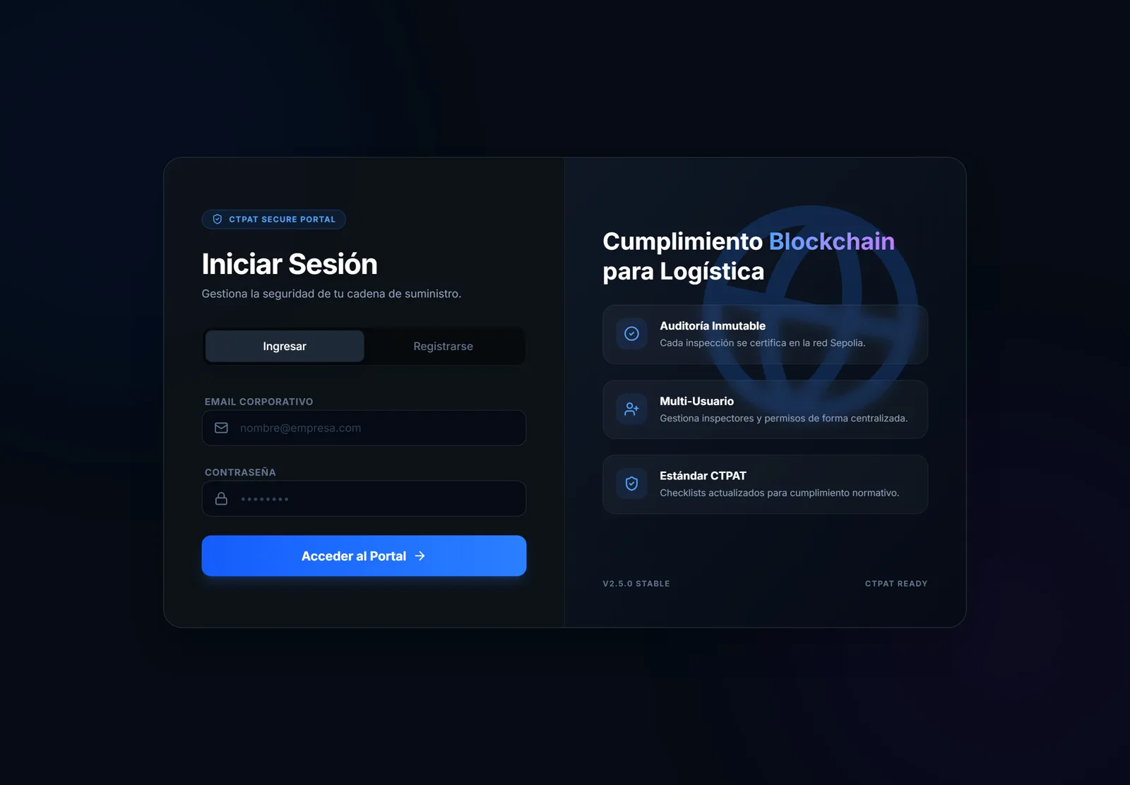 Portal de acceso de CTPAT-QR: formulario de inicio de sesión junto al resumen de auditoría inmutable, gestión multiusuario y checklists del estándar CTPAT.